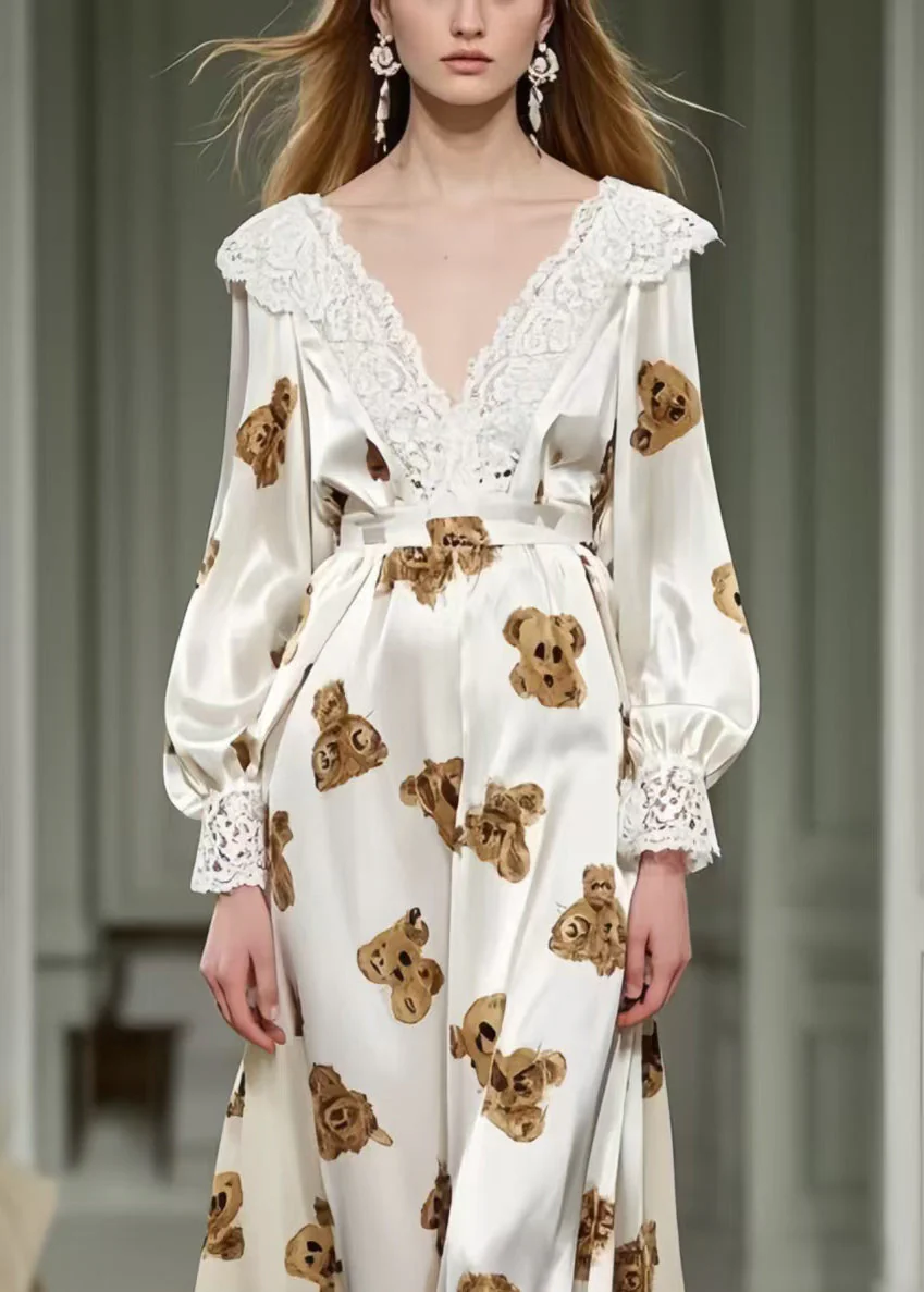 Cute Little Bear Print Patchwork Lace Silk Long Dress Spring - Image 2