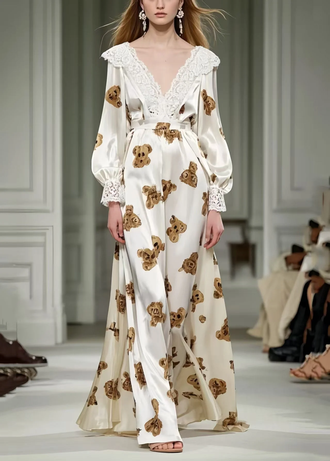 Cute Little Bear Print Patchwork Lace Silk Long Dress Spring - Image 3