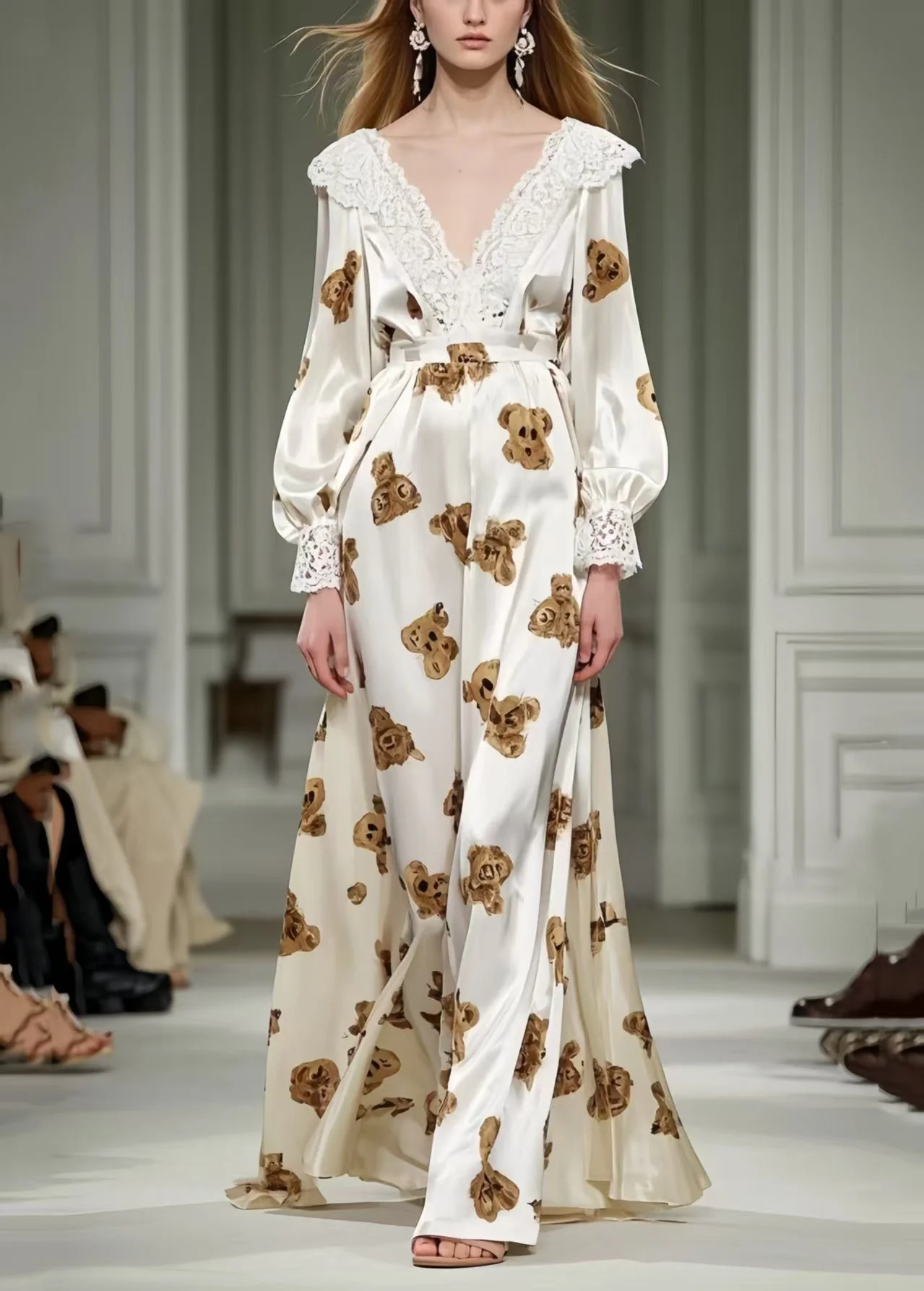 Cute Little Bear Print Patchwork Lace Silk Long Dress Spring - Image 5