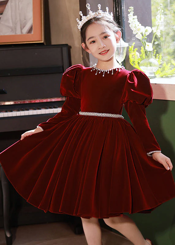 Cute Mulberry Patchwork Nail Bead Silk Velour Girls Long Dress Spring - Image 2