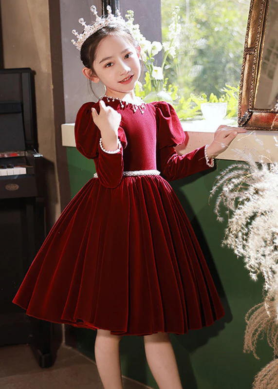Cute Mulberry Patchwork Nail Bead Silk Velour Girls Long Dress Spring - Image 3