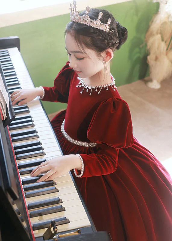 Cute Mulberry Patchwork Nail Bead Silk Velour Girls Long Dress Spring - Image 4