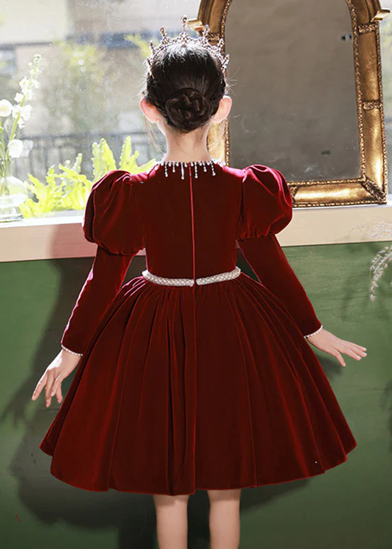 Cute Mulberry Patchwork Nail Bead Silk Velour Girls Long Dress Spring - Image 5