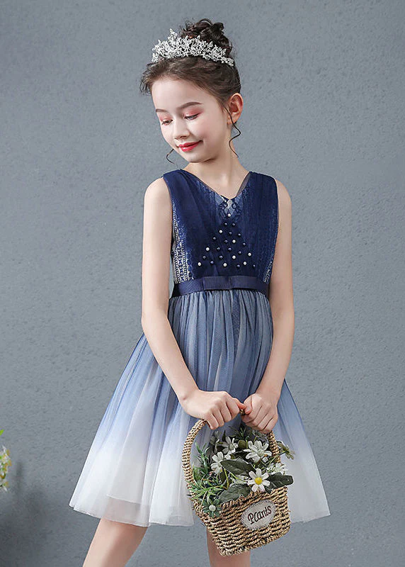 Cute Navy V Neck Nail Bead Gradient Color Tulle Baby Girls Maxi Dress Summer - Image 3