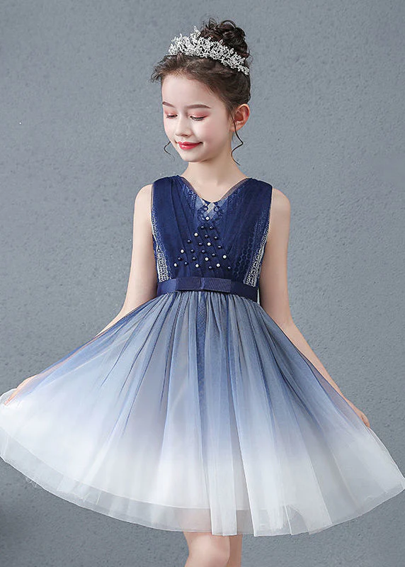 Cute Navy V Neck Nail Bead Gradient Color Tulle Baby Girls Maxi Dress Summer - Image 4