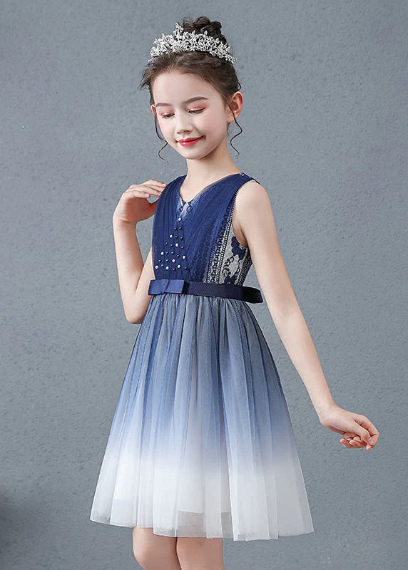 Cute Navy V Neck Nail Bead Gradient Color Tulle Baby Girls Maxi Dress Summer - Image 5