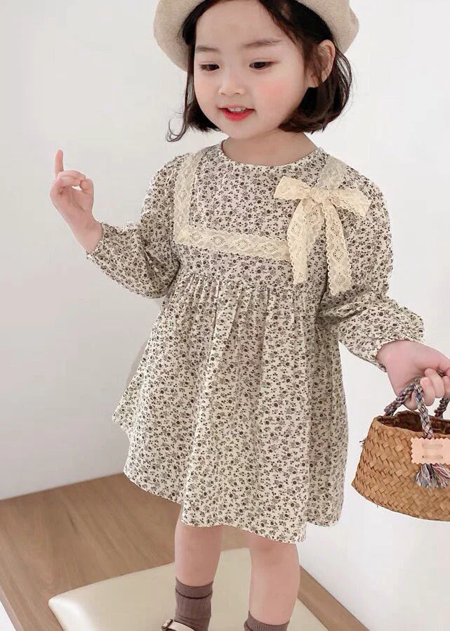 Cute O-Neck Print Lace Patchwork Bow Girls Mid Dress Long Sleeve - Image 3