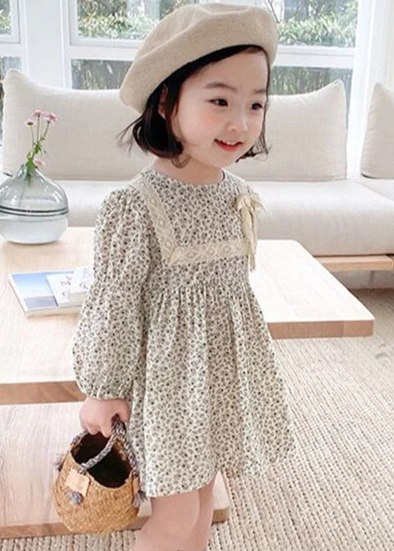 Cute O-Neck Print Lace Patchwork Bow Girls Mid Dress Long Sleeve - Image 4