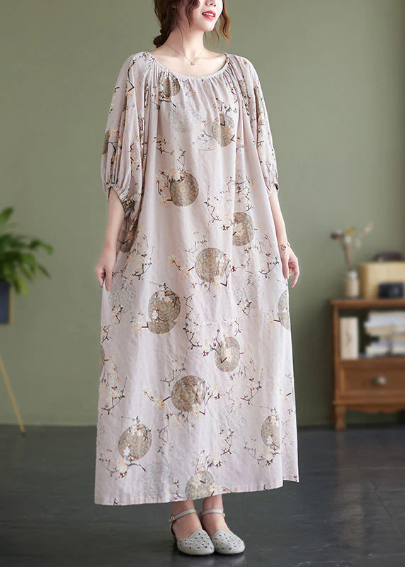 Cute O-Neck Print Wrinkled Holiday Maxi Dress Puff Sleeve - Image 2