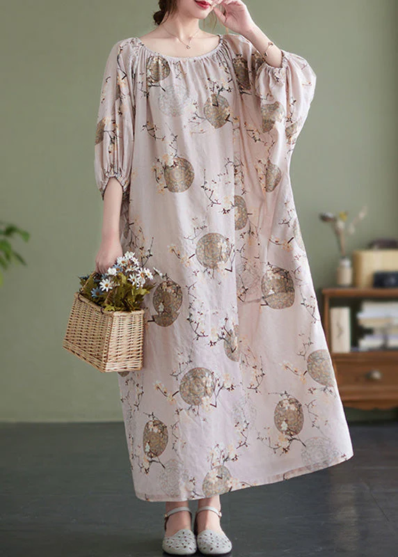 Cute O-Neck Print Wrinkled Holiday Maxi Dress Puff Sleeve - Image 3