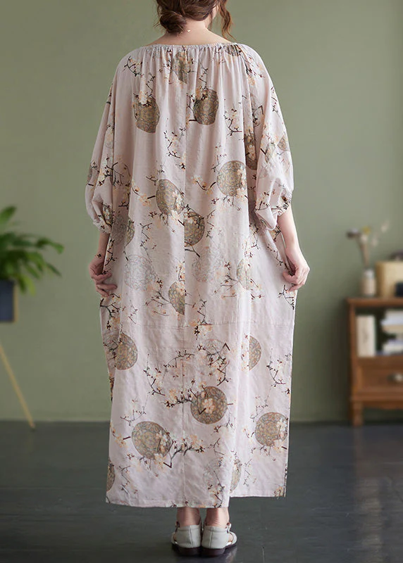 Cute O-Neck Print Wrinkled Holiday Maxi Dress Puff Sleeve - Image 4