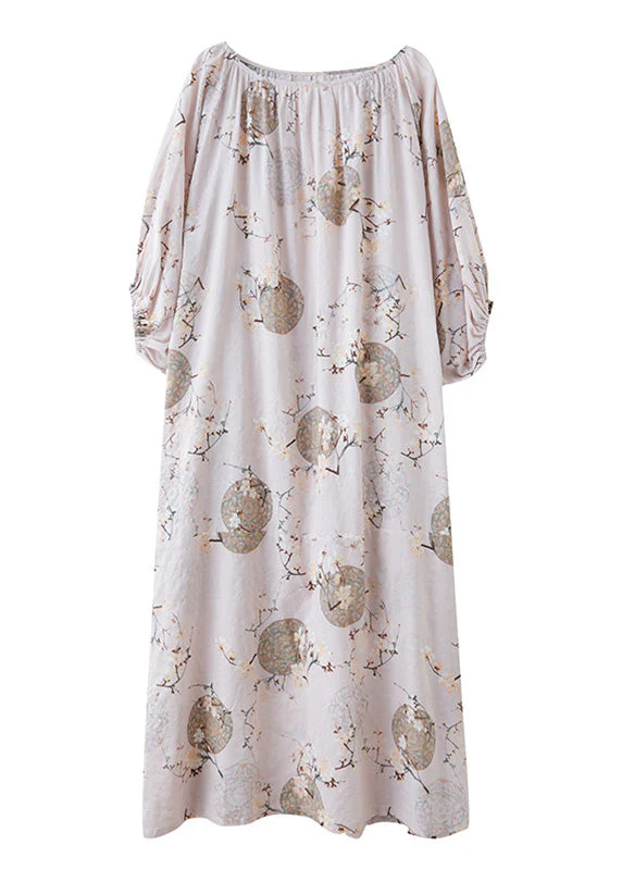 Cute O-Neck Print Wrinkled Holiday Maxi Dress Puff Sleeve - Image 5