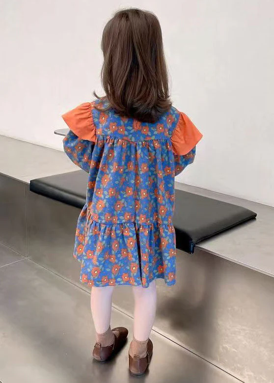 Cute Orange O Neck Print Patchwork Cotton Girls Dress Fall - Image 5