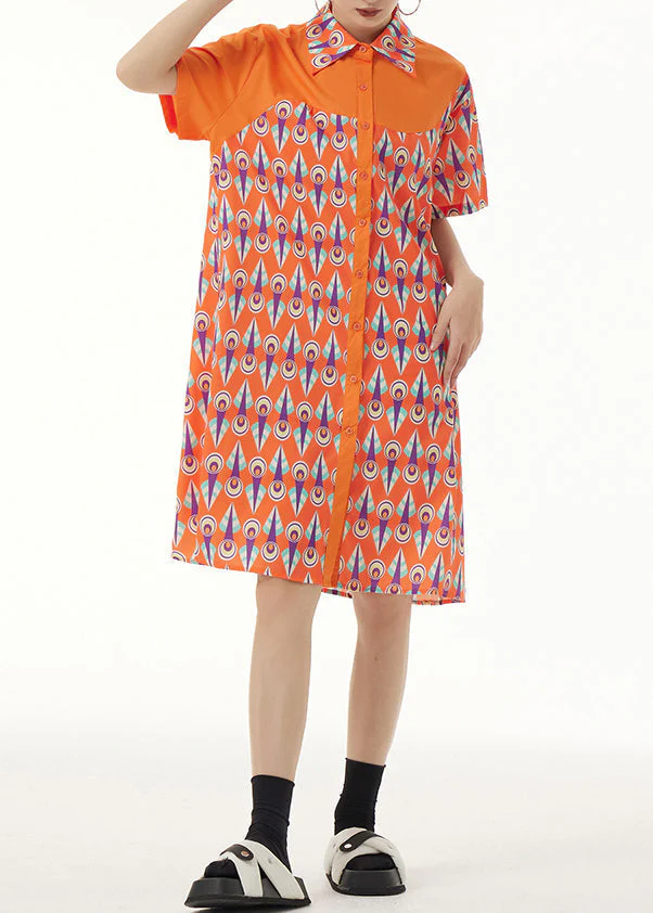 Cute Orange Peter Pan Collar Print Button Mid Dresses Short Sleeve - Image 3