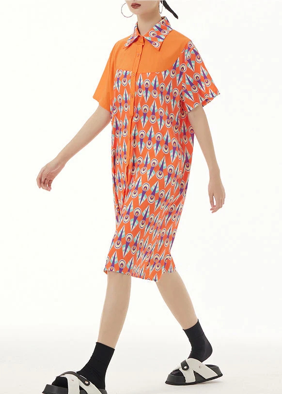 Cute Orange Peter Pan Collar Print Button Mid Dresses Short Sleeve - Image 4