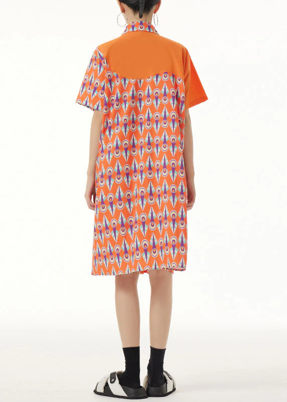Cute Orange Peter Pan Collar Print Button Mid Dresses Short Sleeve - Image 5