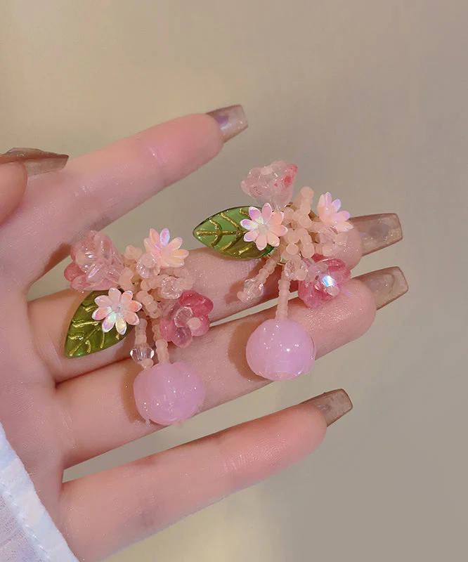 Cute Pink Alloy Colored Glaze Beading Drop Earrings - Image 2