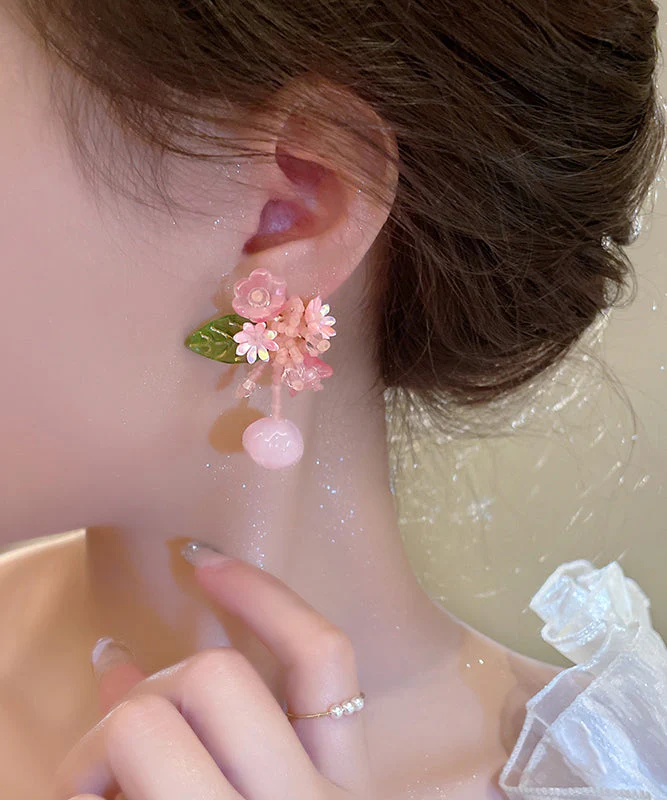 Cute Pink Alloy Colored Glaze Beading Drop Earrings - Image 3