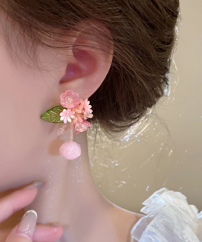 Cute Pink Alloy Colored Glaze Beading Drop Earrings - Image 5