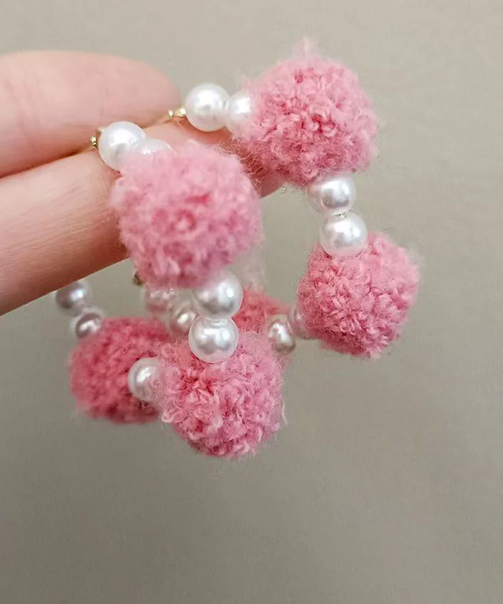 Cute Pink Alloy Fuzzy Ball Decorated Pearl Hoop Earrings - Image 4