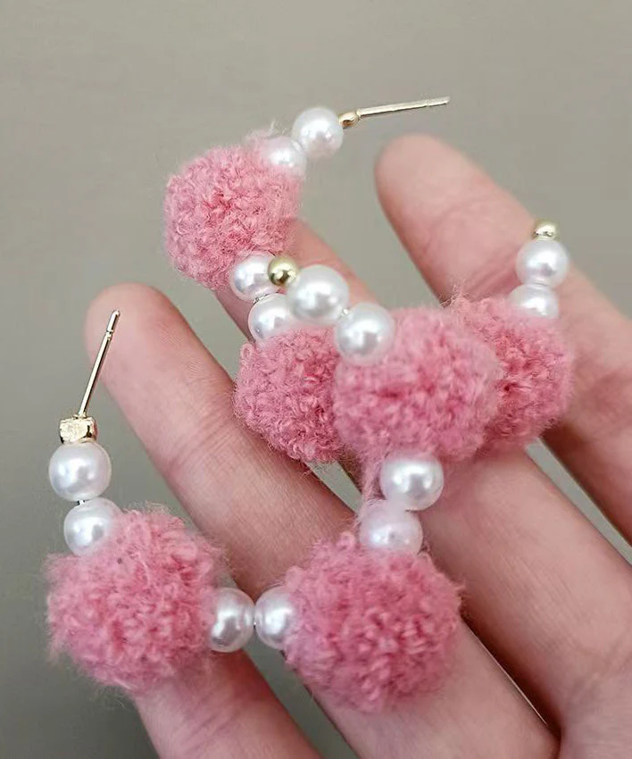 Cute Pink Alloy Fuzzy Ball Decorated Pearl Hoop Earrings - Image 5