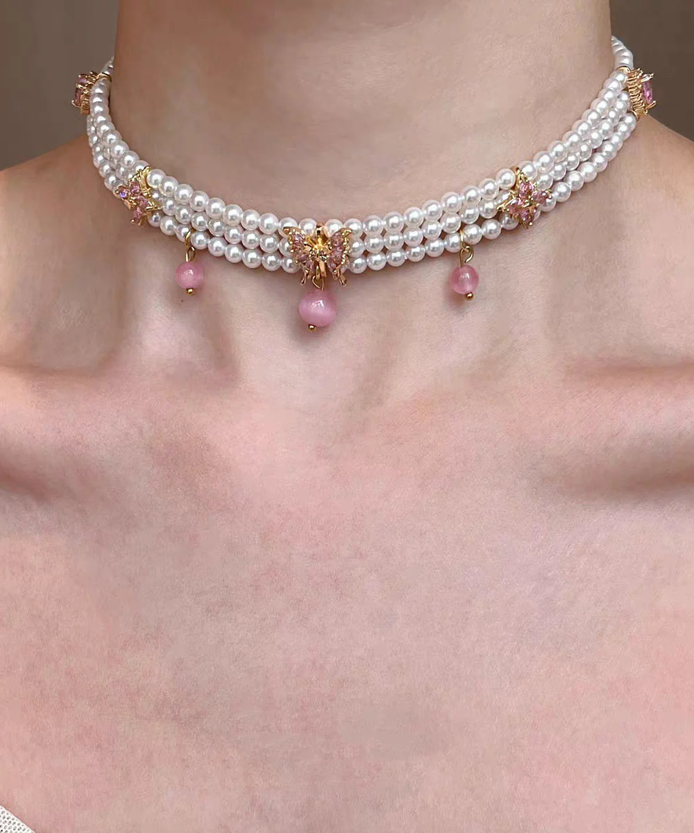 Cute Pink Alloy Pearl Cat's Eye Strawberry Beading Pendant Necklace Three-Piece Set - Image 2