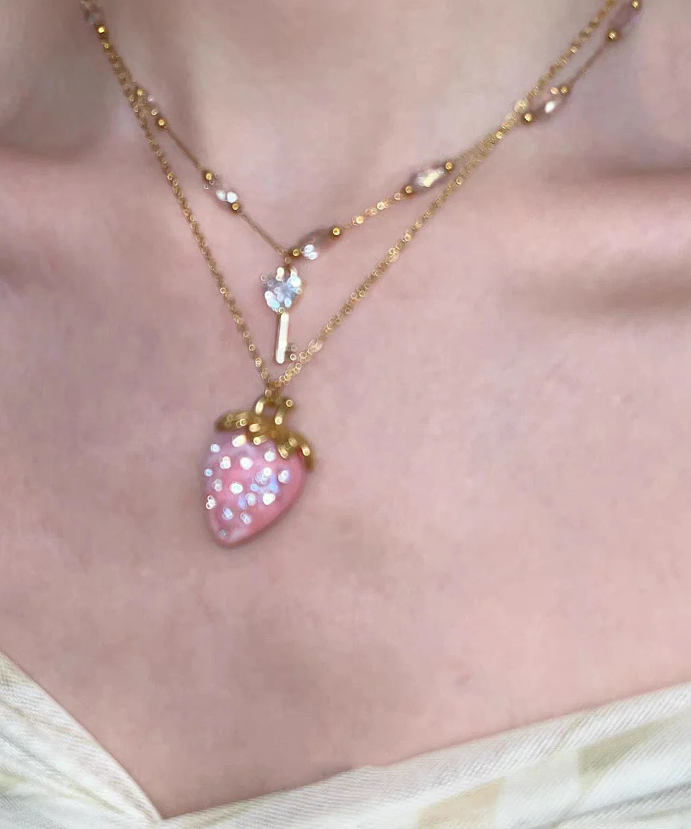 Cute Pink Alloy Pearl Cat's Eye Strawberry Beading Pendant Necklace Three-Piece Set - Image 3