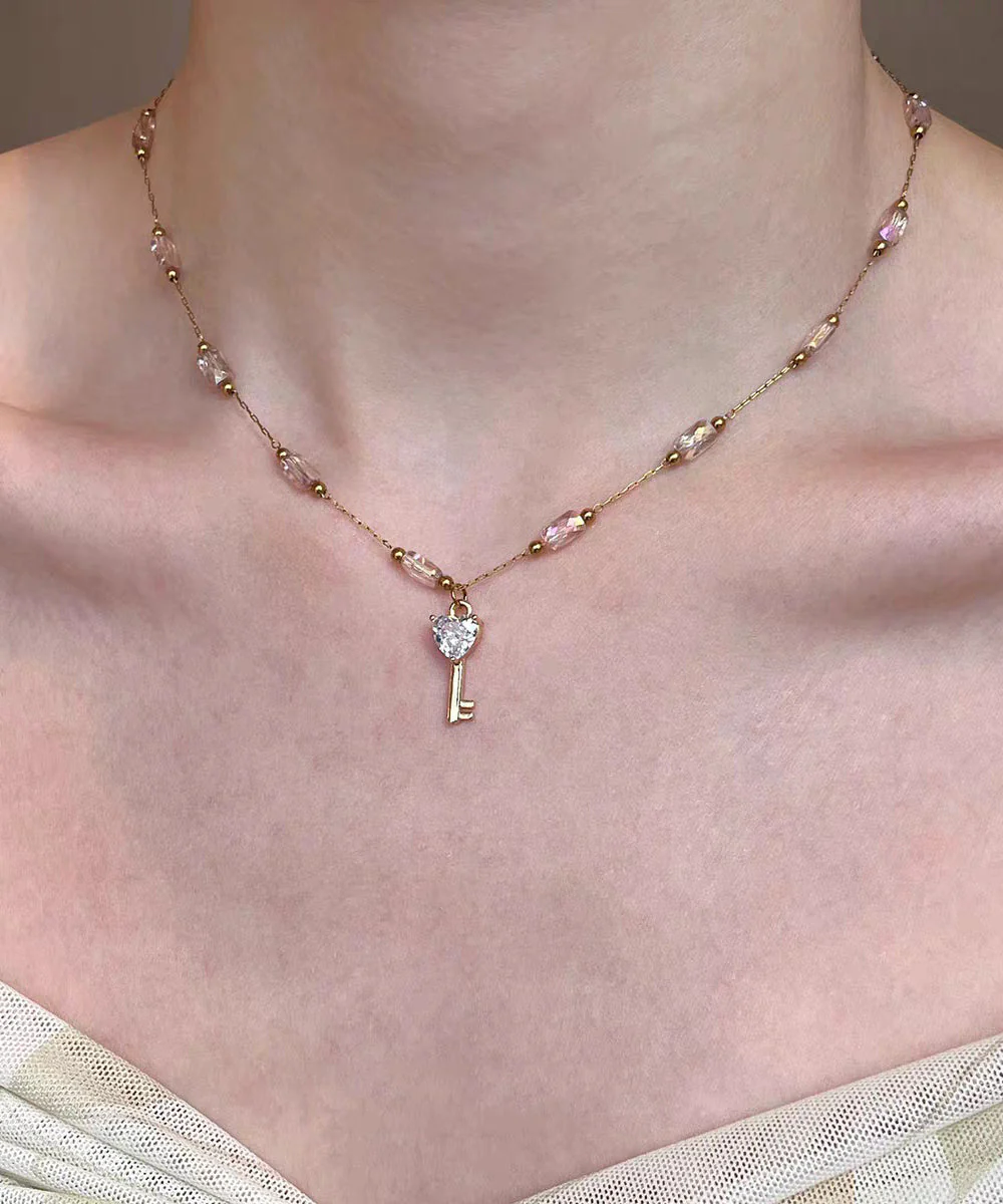Cute Pink Alloy Pearl Cat's Eye Strawberry Beading Pendant Necklace Three-Piece Set - Image 4