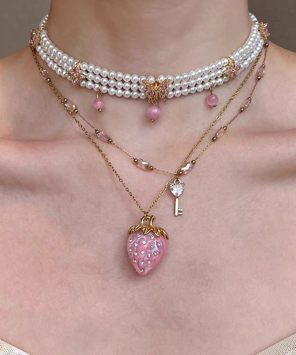 Cute Pink Alloy Pearl Cat's Eye Strawberry Beading Pendant Necklace Three-Piece Set - Image 5