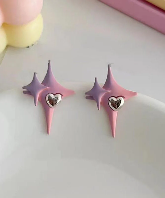 Cute Pink Alloy Star Love Stud Earrings - Image 2