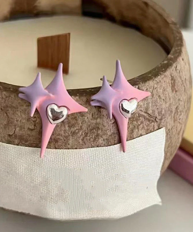 Cute Pink Alloy Star Love Stud Earrings - Image 4