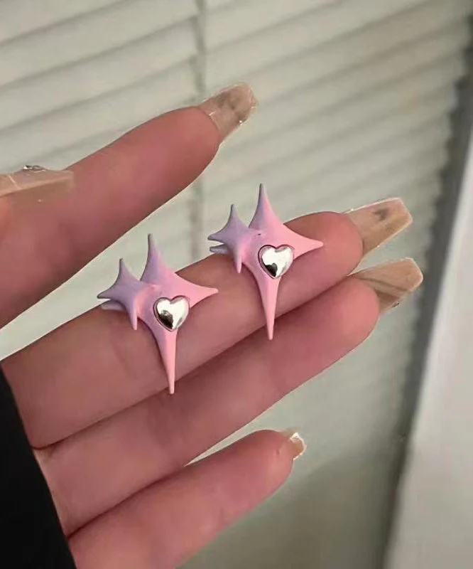 Cute Pink Alloy Star Love Stud Earrings - Image 5