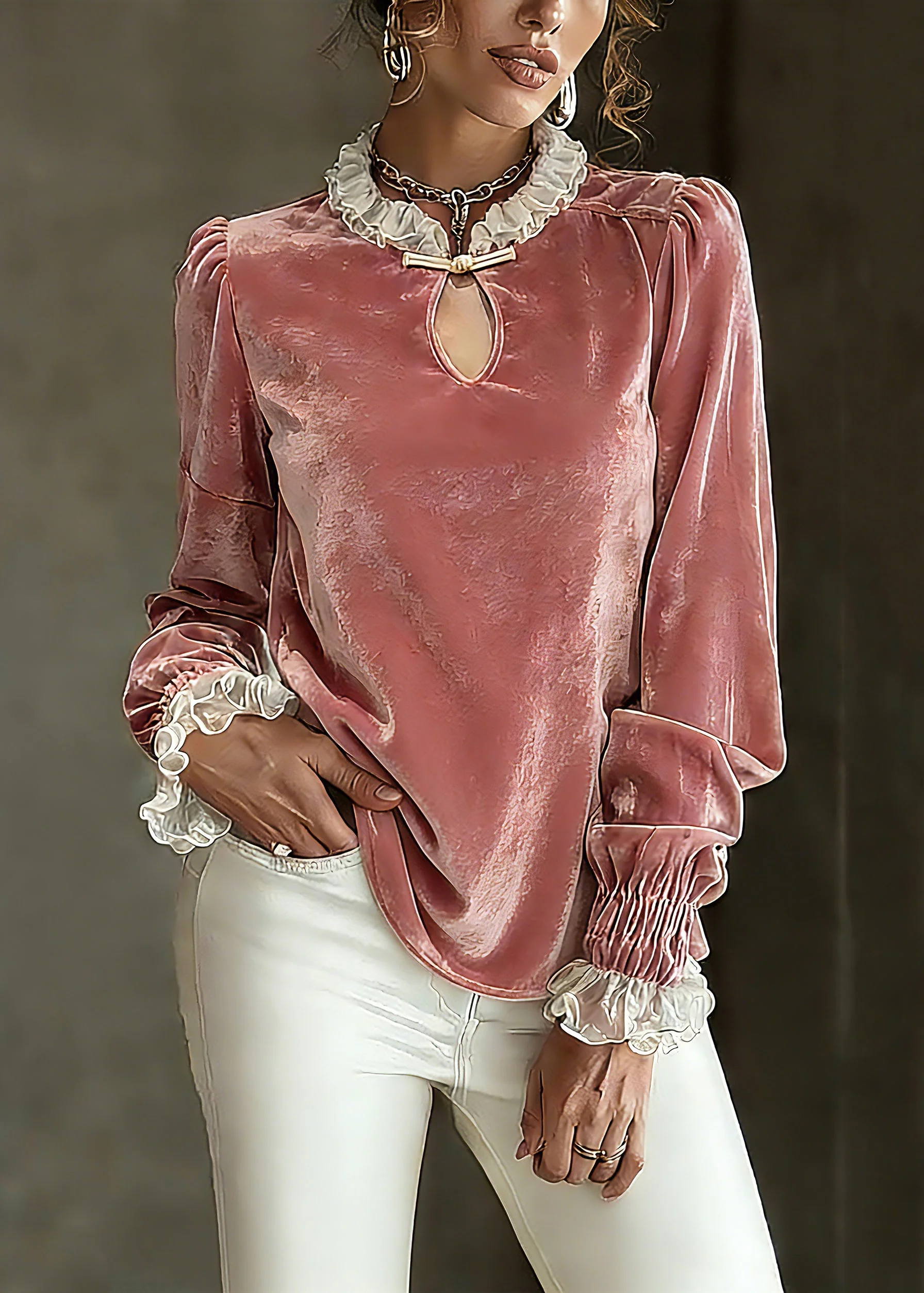 Cute Pink Cinched Patchwork Silk Velour Shirt Petal Sleeve - Image 3