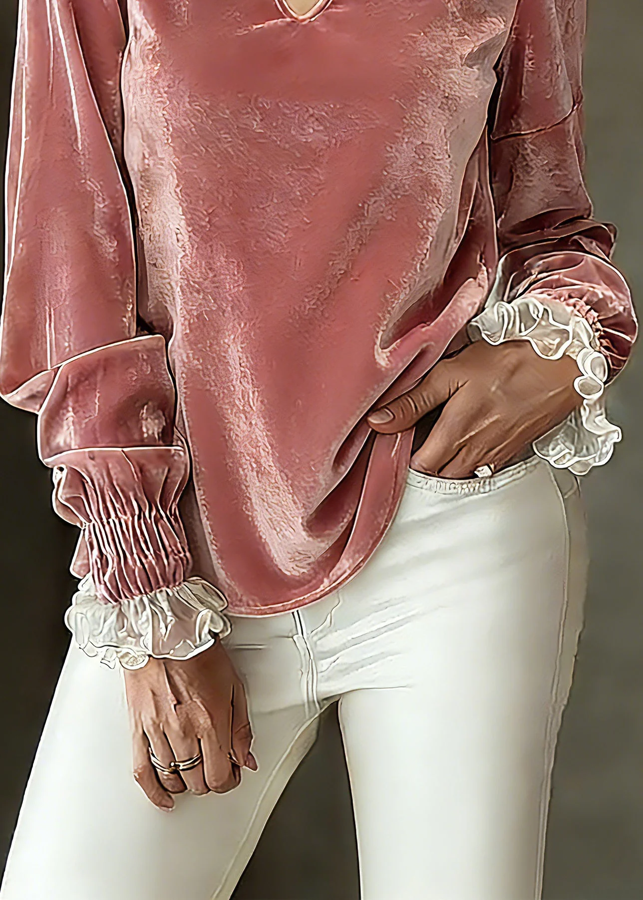 Cute Pink Cinched Patchwork Silk Velour Shirt Petal Sleeve - Image 4