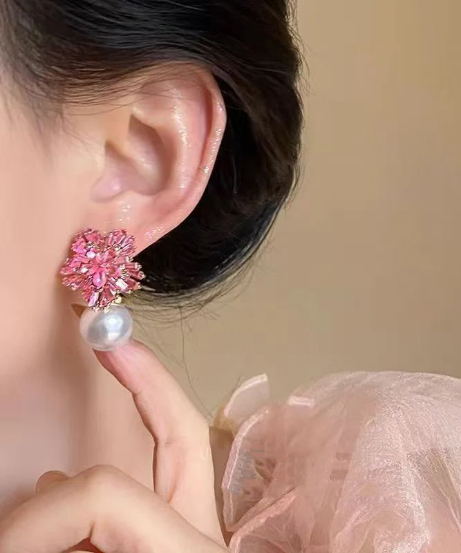 Cute Pink Copper Zircon Pearl Drop Earrings - Image 3