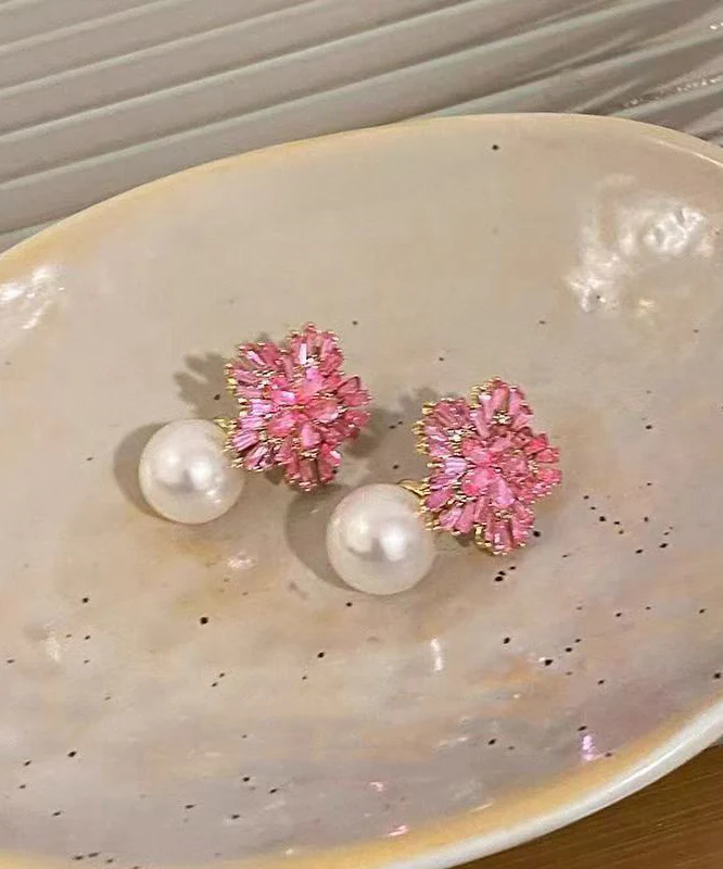 Cute Pink Copper Zircon Pearl Drop Earrings - Image 4