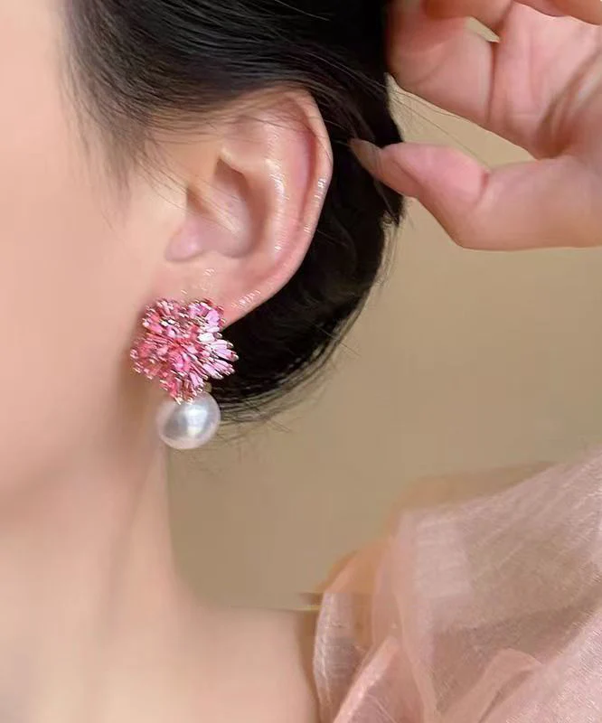 Cute Pink Copper Zircon Pearl Drop Earrings - Image 5