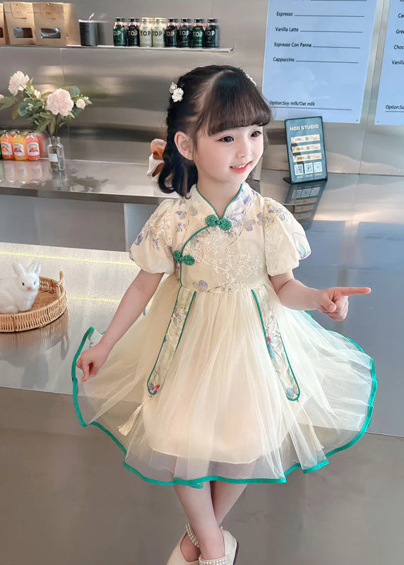 Cute Pink Embroideried Chinese Button Patchwork Tulle Baby Girls Dresses Summer - Image 2