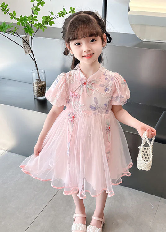 Cute Pink Embroideried Chinese Button Patchwork Tulle Baby Girls Dresses Summer - Image 3