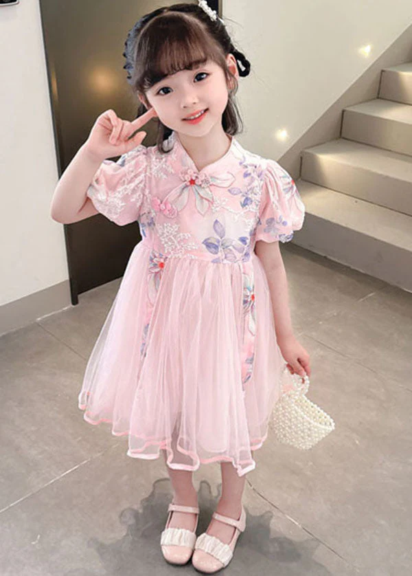 Cute Pink Embroideried Chinese Button Patchwork Tulle Baby Girls Dresses Summer - Image 5