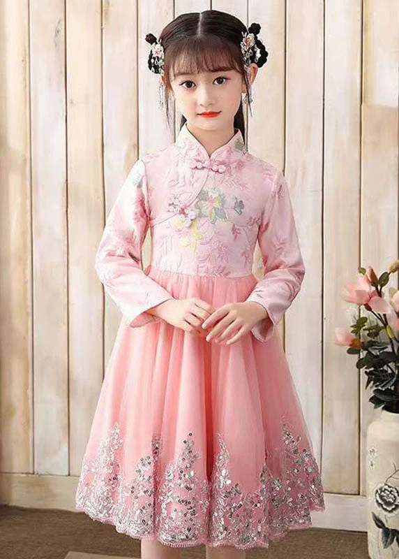 Cute Pink Embroideried Patchwork Tulle Girls Long Dress Fall - Image 3