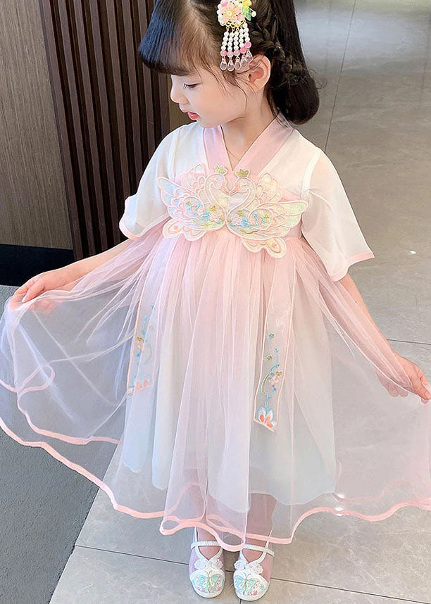 Cute Pink Embroideried Wrinkled Patchwork Tulle Baby Girls Dress Summer - Image 3