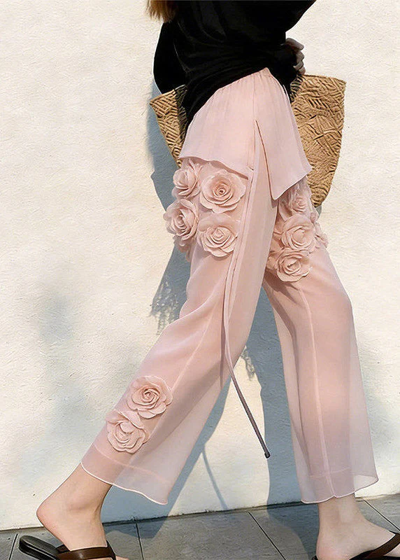 Cute Pink Floral Patchwork Tulle Crop Pants - Image 3