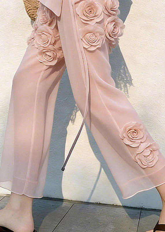 Cute Pink Floral Patchwork Tulle Crop Pants - Image 4