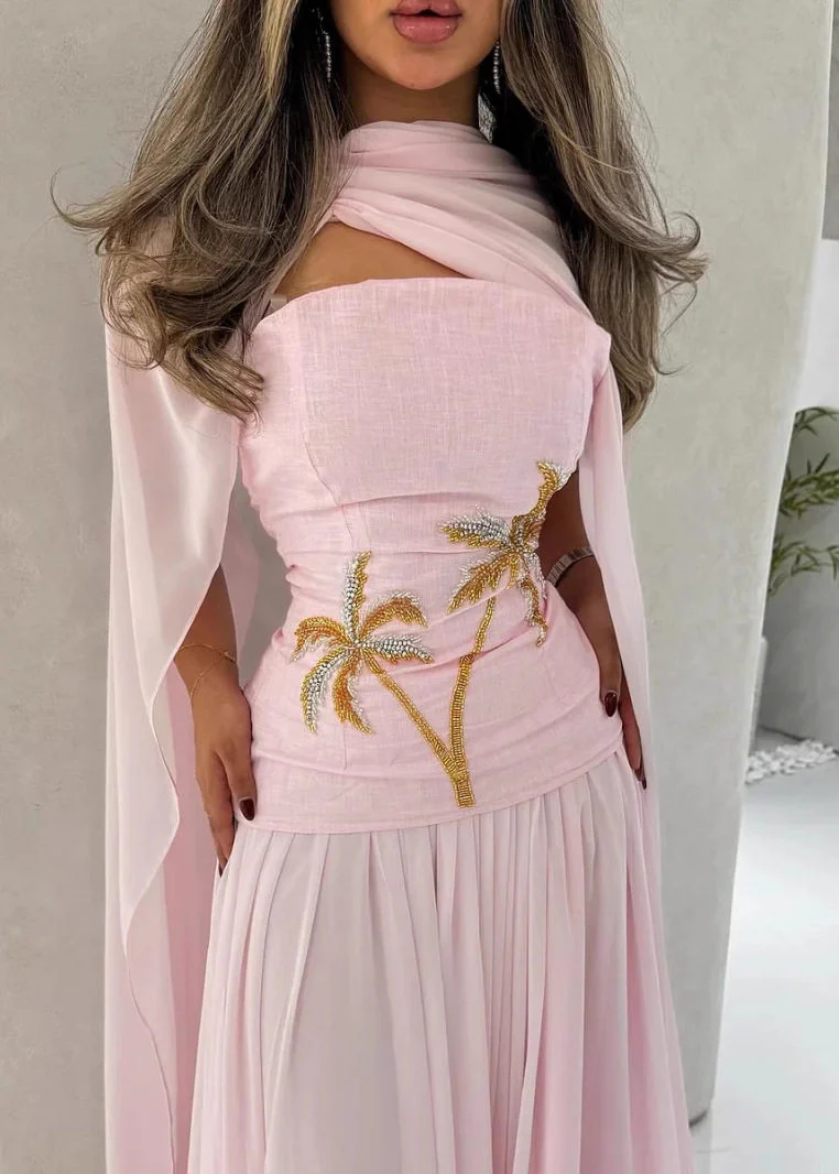 Cute Pink Nail Bead Shawl Long Dress Batwin Sleeve - Image 2