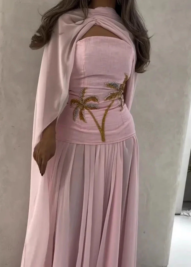 Cute Pink Nail Bead Shawl Long Dress Batwin Sleeve - Image 4