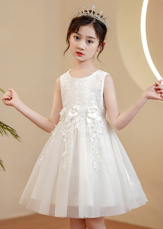 Cute Pink O-Neck Floral Pearl Tulle Girls Maxi Dress Sleeveless - Image 2