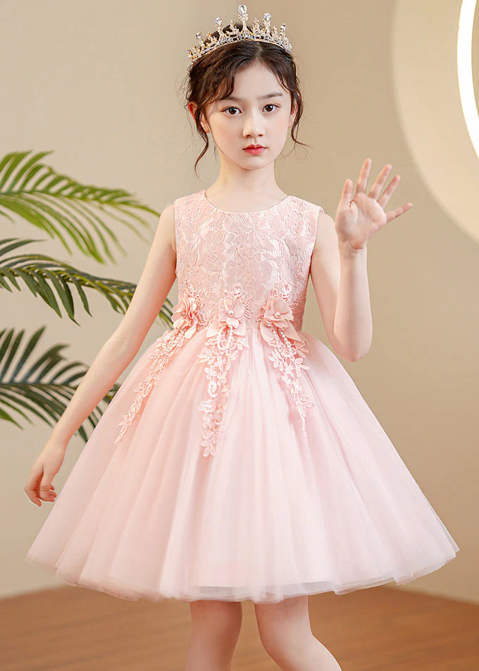 Cute Pink O-Neck Floral Pearl Tulle Girls Maxi Dress Sleeveless - Image 3