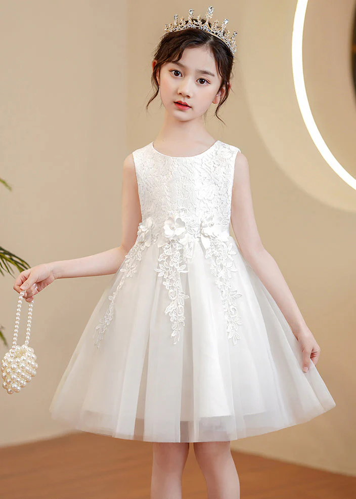 Cute Pink O-Neck Floral Pearl Tulle Girls Maxi Dress Sleeveless - Image 4