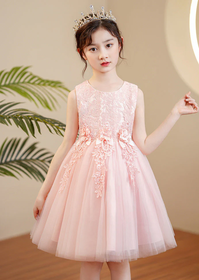 Cute Pink O-Neck Floral Pearl Tulle Girls Maxi Dress Sleeveless - Image 5